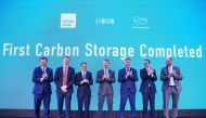 (L-R) David Bucknell, CEO INEOS Energy, Mads Gade, CEO INEOS Energy Danmark, Brian Gilvary, chairman of the board INOES Energy, Denmark's crown prince Frederik, Lars Aagaard Moller, Denmark's Minister for Climate, Energy and Utilities, Mario Mehren, CEO Wintershall Dea and Hugo Dijkgraaf, CTO Wintershall Dea, applaud on stage during the launch of the Greensand Project, an offshore carbon dioxide storage, in Esbjerg on March 8, 2023. (Photo by Bo Amstrup / Ritzau Scanpix / AFP)
