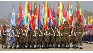 Myanmar junta military soldiers parade during a ceremony to mark the 75th anniversary of the country’s Union Day in Naypyidaw on February 12, 2022. File photo / AFP
