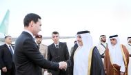 President of Turkmenistan H E Serdar Berdimuhamedow and the accompanying delegation were being welcomed by Minister of Municipality H E Dr. Abdullah bin Abdulaziz bin Turki Al Subaie on arrival at Hamad International Airport, yesterday.
