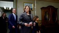 US Vice President Kamala Harris arrives to her ceremonial office for a swearing in ceremony for Eric Garcetti as Ambassador to India at the Eisenhower Executive Office Building on March 24, 2023 in Washington, DC. Garcetti previously served as the mayor of Los Angeles, California from 2013 to 2022. Anna Moneymaker/Getty Images/AFP