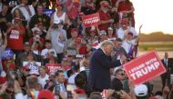 Former US President Donald Trump dances off the stage at the conclusion of a 2024 election campaign rally in Waco, Texas, March 25, 2023. - Trump held the rally at the site of the deadly 1993 standoff between an anti-government cult and federal agents. (Photo by Shelby Tauber / AFP)
