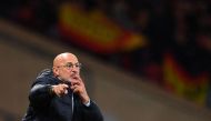 Spain's coach Luis de la Fuente shouts instructions to the players from the touchline during the UEFA Euro 2024 group A qualification football match between Scotland and Spain at Hampden Park stadium in Glasgow, on March 28, 2023. Photo by ANDY BUCHANAN / AFP