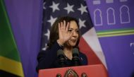U.S Vice President Kamala Harris gestures as she addresses a news conference following her meetings with Tanzanian President Samia Suluhu Hassan in Dar es Salaam, Tanzania, on March 30, 2023.  (Photo by ERICKY BONIPHACE / POOL / AFP)