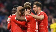 Bayern Munich's team celebrate a goal during the German first division Bundesliga football match between FC Bayern Munich and BVB Borussia Dortmund in Munich, southern Germany, on April 1, 2023. (Photo by KERSTIN JOENSSON / AFP)