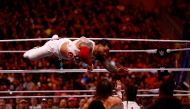 The Usos wrestles Sami Zayn and Kevin Owens for the Undisputed WWE tag team championship during WrestleMania Goes Hollywood at SoFi Stadium on April 01, 2023 in Inglewood, California. (Photo by RONALD MARTINEZ / GETTY IMAGES NORTH AMERICA / Getty Images via AFP)