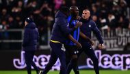 Inter Milan forward Romelu Lukaku (C) leaves the pitch after receiving a red card during the Italian Cup semi-final first leg football match between Juventus and Inter Milan on April 4 2023 at the 