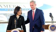Taiwanese President Tsai Ing-wen and Speaker of the House Kevin McCarthy stand together in the Air Force One Pavilion at the Ronald Reagan Presidential Library after making statements to the press on April 5, 2023 in Simi Valley, California. (Photo by Mario Tama / Getty Images via AFP)
