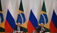 Russian Foreign Minister Sergey Lavrov (left) speaks during a joint press conference with his Brazilian counterpart Mauro Vieira (R) at Itamaraty Palace in Brasilia on April 17, 2023. (Photo by EVARISTO SA / AFP)