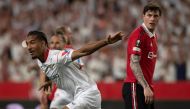 Sevilla's French defender Loic Bade celebrates after scoring his team's second goal during the UEFA Europa league quarter final second Leg football match between Sevilla and Manchester United at the Ramon Sanchez-Pizjuan stadium in Seville on April 20, 2023. (Photo by JORGE GUERRERO / AFP)