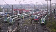 Parked commuter trains are seen during a strike of rail workers at the main railway station of Essen, western Germany, on April 21, 2023. Photo by Ina FASSBENDER / AFP