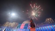 Fans of SSC Napoli celebrate with fireworks on Piazza del Plebiscito on May 4, 2023 in downtown Naples after Napoli won the Italian champions 