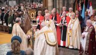 The Archbishop of Canterbury Justin Welby places the St Edward's Crown onto the head of Britain's King Charles III during the Coronation Ceremony inside Westminster Abbey in central London on May 6, 2023. Photo by Jonathan Brady / POOL / AFP
