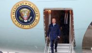 US President Joe Biden disembarks Air Force One upon his arrival at the US Marine Corps base in Iwakuni on May 18, 2023, ahead of the G7 Leaders' Summit in Hiroshima. (Photo by JIJI Press / AFP)