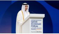 Prime Minister and Minister of Foreign Affairs H E Sheikh Mohammed bin Abdulrahman bin Jassim Al Thani addressing the gathering.