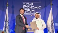Chief Executive Officer of Qatar Financial Centre (QFC) Yousuf Mohamed Al Jaida and General Manager of MENA East at Mastercard J K Khalil during the MoU signing.
