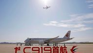 China's first domestically produced passenger jet C919 is seen before its first commercial flight from Shanghai to Beijing, at Shanghai Hongqiao Airport on May 28, 2023. (Photo by AFP) 