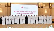Qatar Chamber Chairman Sheikh Khalifa bin Jassim Al Thani with other officials during the Chamber’s second General Assembly Meeting at the Ritz-Carlton Hotel, yesterday.