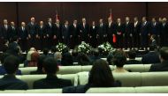 Turkish President Recep Tayyip Erdogan (C) unveils the country's new cabinet at Cankaya Palace in Ankara on June 3, 2023. (Photo by Adem Altan / AFP)
 