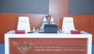 Chief of Staff of Qatar Armed Forces H E Staff Lt. General (Pilot) Salem bin Hamad bin Aqeel Al Nabit delivering the 'Challenges Facing National Security' lecture at the Joaan Bin Jassim Academy for Defence Studies.