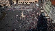 Supporters of West Ham United gather to cheer for their team at the Old Town Square ahead of the UEFA Europa Conference League 2022/23 final match between ACF Fiorentina and West Ham United FC in Prague, Czech Republic on June 7, 2023. (Photo by AFP)