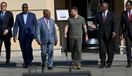 (From left) Egypt's Prime Minister Mostafa Madbouly, Senegal's President Macky Sall, Comoros President Azali Assoumani, Ukraine's President Volodymyr Zelensky, South Africa's President Cyril Ramaphosa and Zambia's President Hakainde Hichilema walk after their talks in Kyiv on June 16, 2023. (Photo by Sergei Supinsky / AFP)