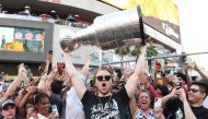 William Karlsson #71 of the Vegas Golden Knights hoists the Stanley Cup during a victory parade and rally for the Vegas Golden Knights on the Las Vegas Strip on June 17, 2023 in Las Vegas, Nevada. (Photo by Candice Ward / GETTY IMAGES NORTH AMERICA / Getty Images via AFP)
