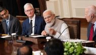 Google CEO Sundar Pichai, Apple CEO Tim Cook, and US President Joe Biden look on as India's Prime Minister Narendra Modi speaks during a meeting with senior officials and CEOs of American and Indian companies, in the East Room the White House in Washington, DC, on June 23, 2023. (Photo by Brendan Smialowski / AFP)