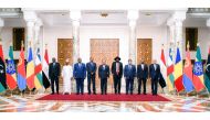 :This handout picture released by the Egyptian Presidency shows (L to R) African Union Commission head Moussa Faki Mahamat, Chad's President General Mahamat Idriss Deby, Central African Republic President Faustin-Archange Touadéra, Eritrea's President Isaias Afwerki, Egypt's President Abdel Fattah al-Sisi, South Sudan's President Salva Kiir Mayardit, the Chairman of the Tripoli-based Libyan Presidential Council Mohamed al-Menfi, Ethiopia's Prime Minister Abiy Ahmed, and Arab League Secretary-General Ahmed Aboul-Gheit posing for a family photo during a regional summit for neighbouring nations impacted by the three-month war between Sudan's rival generals in Cairo on July 13, 2023. (Photo by EGYPTIAN PRESIDENCY / AFP) / === RESTRICTED TO EDITORIAL USE - MANDATORY CREDIT 
