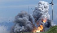 This handout picture taken on July 14, 2023 by photographer Minoru Otsuka and received via Jiji Press shows a Japanese rocket engine exploding during a combustion test at the Noshiro Testing Center in Noshiro, Akita Prefecture. Photo by Minoru Otsuka / JIJI PRESS / AFP
