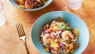 Hot honey shrimp and a crisp slaw make a quick meal for summer nights. Photo for The Washington Post by Rey Lopez
