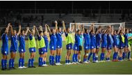 This photo taken on July 15, 2022 shows members of the Philippine women's footbal team acknowledging the crowd after defeating Vietnam in the women's Asian Footbal Federation semi-final match at Rizal memorial stadium in Manila. Photo by Ted ALJIBE / AFP