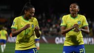 Brazil's midfielder #17 Ariadina Borges (L) celebrates with Brazil's midfielder #21 Kerolin (R) after scoring a goal during the Australia and New Zealand 2023 Women's World Cup Group F football match between Brazil and Panama at Hindmarsh Stadium in Adelaide on July 24, 2023. (Photo by Brenton Edwards/ AFP)