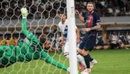 :Inter Milan's Italian forward Sebastiano Esposito (back L) watches as his shot gets past Paris Saint-Germain's Italian goalkeeper Gianluigi Donnarumma (bottom L) to score during the football friendly match between Italy's Inter Milan and France's Paris Saint-Germain (PSG) at the National Stadium in Tokyo on August 1, 2023. (Photo by Richard A. Brooks / AFP)
