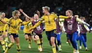 Sweden's forward #08 Lina Hurtig (C) and teammates celebrate their win at Melbourne Rectangular Stadium in Melbourne on August 6, 2023. (Photo by William West / AFP)
