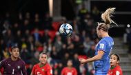 France's forward #09 Eugenie Le Sommer scores her team's fourth goal during the Australia and New Zealand 2023 Women's World Cup round of 16 football match between France and Morocco at Hindmarsh Stadium in Adelaide on August 8, 2023. (Photo by FRANCK FIFE / AFP)
