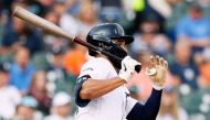 Riley Greene #31 of the Detroit Tigers hits a double against the Minnesota Twins during the first inning at Comerica Park on August 8, 2023 in Detroit, Michigan. P (Photo by Duane Burleson / GETTY IMAGES NORTH AMERICA / Getty Images via AFP)
