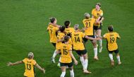 Australia's players celebrate their victory after a penalty shoot-out in Brisbane on August 12, 2023. (Photo by William West / AFP)