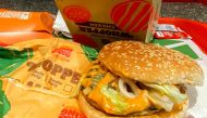A sandwich without the usual slices of tomatoes is pictured at a Burger King outlet in New Delhi on August 17, 2023. Photo by Arun SANKAR / AFP