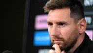 Inter Miami's Argentine forward Lionel Messi attends a press conference at DRV PNK Stadium in Fort Lauderdale, Florida on August 17, 2023. (Photo by Chandan Khanna / AFP)