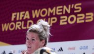 England's defender Millie Bright gives a press conference at Stadium Australia in Sydney on August 19, 2023 on the eve of the Women's World Cup final football match between Spain and England. Photo by FRANCK FIFE / AFP