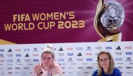 England's head coach Sarina Wiegman and defender Millie Bright (L) give a press conference at Stadium Australia in Sydney on August 19, 2023 on the eve of the Women's World Cup final football match between Spain and England. (Photo by Franck Fife / AFP)
