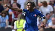 Chelsea's English midfielder #17 Carney Chukwuemeka celebrates after scoring a goal during the English Premier League football match between West Ham United and Chelsea at the London Stadium, in London on August 20, 2023. Photo by JUSTIN TALLIS / AFP