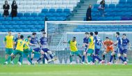 Al Wakrah's Lucas Mendes (fourth left) attempts to score against Navbahor during their AFC Champions League play-off round match at Al Janoub Stadium, yesterday. Pic: Rajan Vadakkemuriyil  