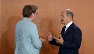 German Chancellor Olaf Scholz (R) talks with German Minister for Housing, Urban Development and Building Klara Geywitz as they resume the weekly cabinet meeting after a summer break, on August 23, 2023 at the Chancellery in Berlin. Photo by John MACDOUGALL / AFP