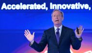 Brad Smith, President and Vice Chairman of Microsoft, addresses the gathering on the first day of the three-day B20 Summit in New Delhi on August 25, 2023. (Photo by Sajjad Hussain / AFP)