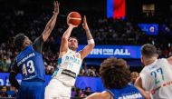 Slovenia's Luka Doncic shoots during the FIBA Basketball World Cup group F match between Slovenia and Venezuela at Okinawa Arena in Okinawa on August 26, 2023. (Photo by Yuichi YAMAZAKI / AFP)
