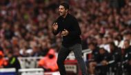 Arsenal's Spanish manager Mikel Arteta reacts during the English Premier League football match between Arsenal and Fulham at the Emirates Stadium in London on August 26, 2023. (Photo by HENRY NICHOLLS / AFP)