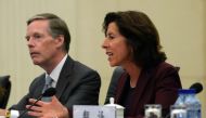 US Commerce Secretary Gina Raimondo (R) speaks next to US Ambassador to China Nick Burns (L) during a meeting with China's Minister of Commerce Wang Wentao on August 28, 2023. (Photo by Andy Wong / Pool / AFP)
