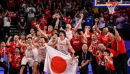 Members of team Japan celebrate the victory after the FIBA Basketball World Cup group O match between Japan and Cape Verde at Okinawa Arena in Okinawa on September 2, 2023. (Photo by Yuichi YAMAZAKI / AFP)
