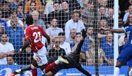 Nottingham Forest's Swedish midfielder #21 Anthony Elanga scores the opening goal past Chelsea's Spanish goalkeeper #01 Robert Sanchez during the English Premier League football match between Chelsea and Nottingham Forest at Stamford Bridge in London on September 2, 2023. (Photo by JUSTIN TALLIS / AFP)